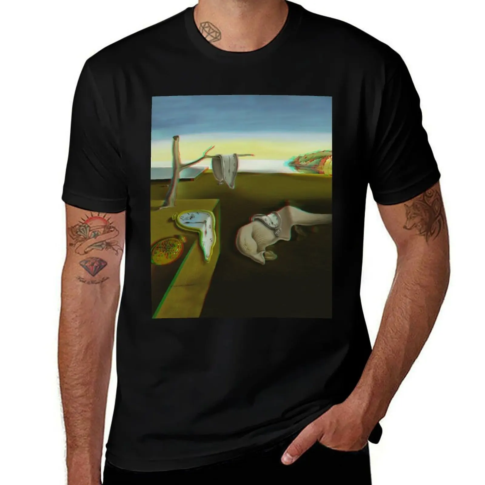 Anaglyph 3D - Salvador Dali, The Persistence of Memory - Half Color red cyan T-Shirt funny shirt cotton oversized t shirt men Anaglyph 3D - Salvador Dali, The Persistence of Memory - Half Color red cyan T-Shirt funny shirt cotton oversized t shirt men
