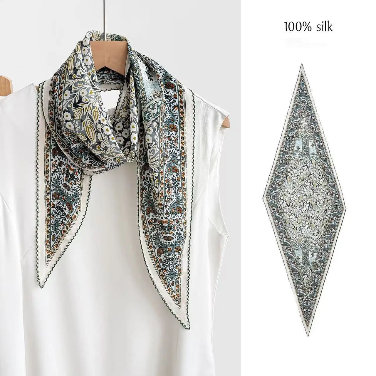 

Шелковый крепдешиновый платок USPOP из 100% тутового шелка с бриллиантовым узором для женщин, винтажный, с кружевной отделкой, французский люксовый шейный платок, повязка для волос/бандана