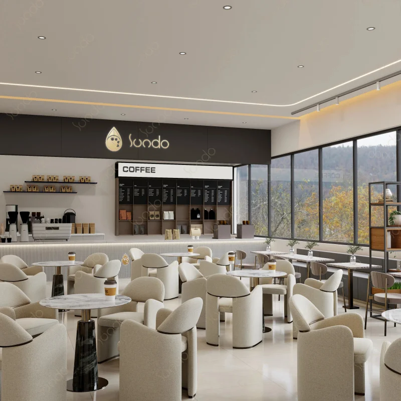 custom.Modern Luxury Style Coffee Shop Interior Design Custom Marble Tables LED Strip Lighting High Quality Boucle Seating