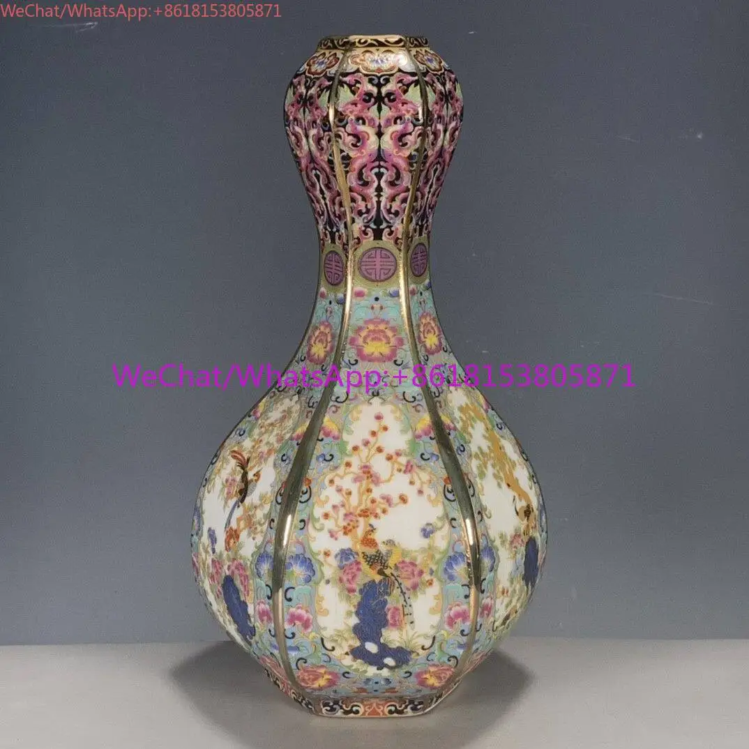 Antique old goods collection Qing Dynasty pastel enamel color gold-painted flowers and birds return garlic bottle