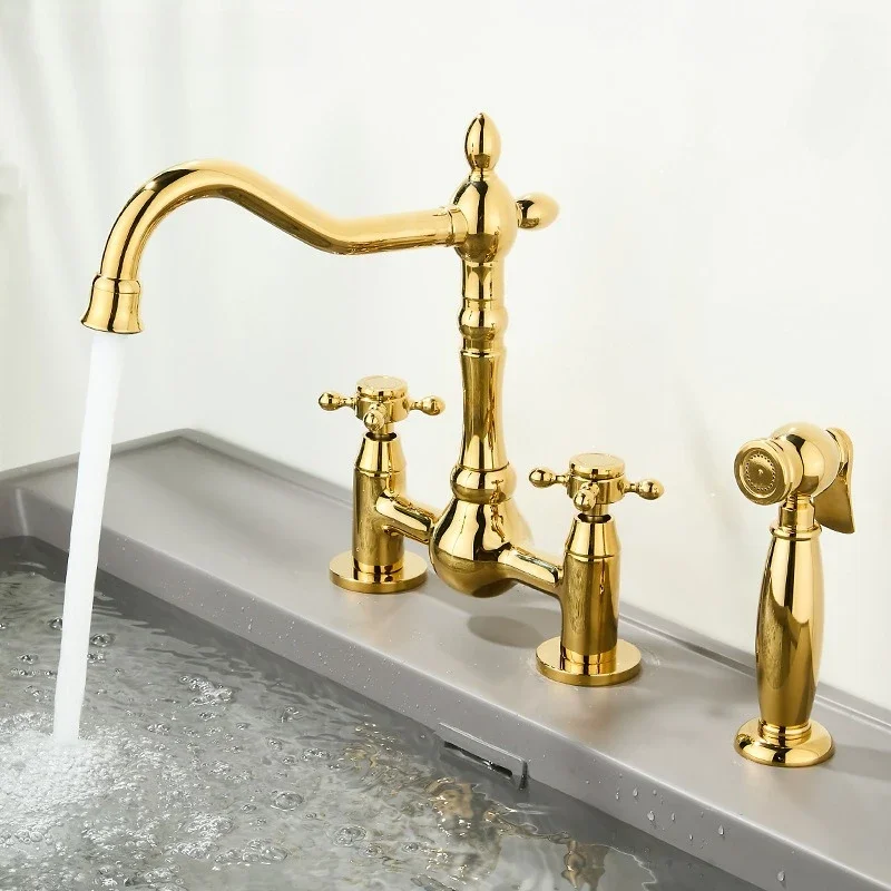 Luxury Brass Gold Double-Hole Faucet and Spray Set for Home Kitchen Sinks—Hot and Cold Water Faucet with Splash Guard