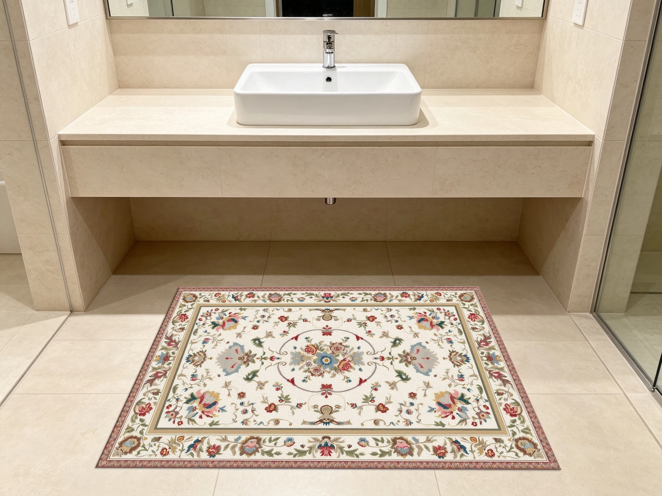 2D Velvet Carpet, Vintage Symmetrical Floral Pattern Velvet 2D Carpet, Grayish White French Style, Soft to the Touch, Suitable for Living Rooms and Other Places.