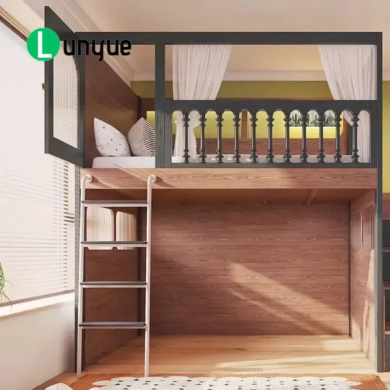 Solid Wood Kids Loft Bed with Built-in Wardrobe Desk High Guardrail Tree House Design Space Saving for Small Bedroom
