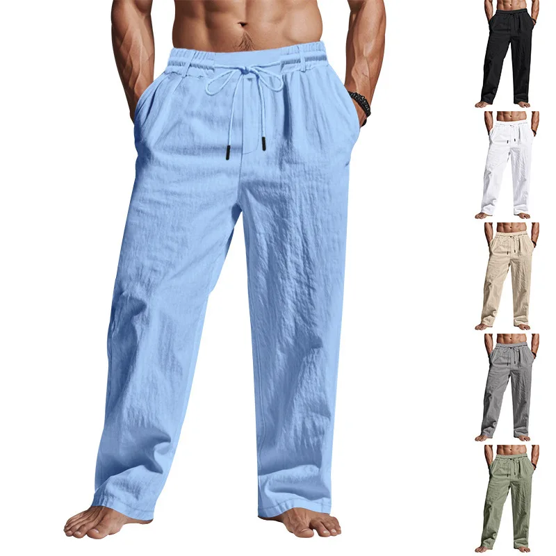 

High Waist Solid Color Drawstring Casual Pants Men Four Seasons Oversized Wide Leg Trousers Lightweight Breathable Linen Pants
