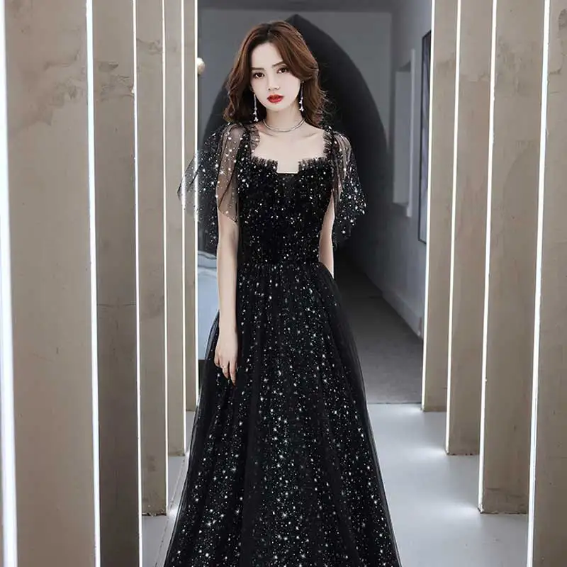 

Black Evening Dress Women High End Shiny Sequins Host Banquet A-Line Prom Gowns Temperament Boat Neck Long Formal Party Dresses