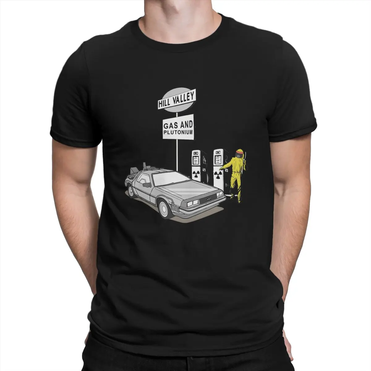 Delorean \'Hill Valley Gas Station\' Men TShirt Back to the Future Crewneck Tops 100% Cotton T Shirt Funny Top Quality Gifts
