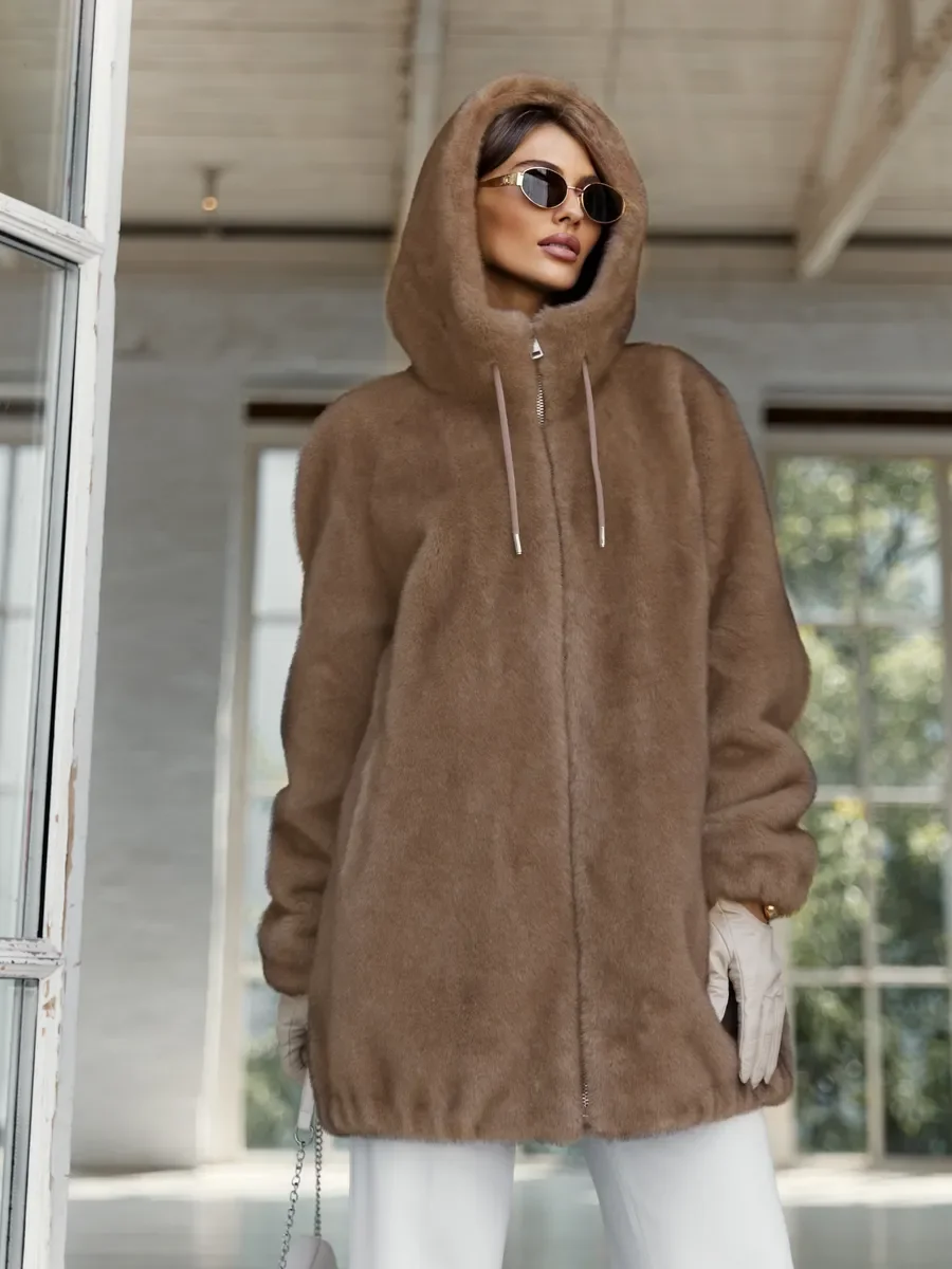 LIMO Women Hooded Faux Fur Coat Zip Up Drawstring Hem Loose Long Sleeve Plush Pocket Outerwear