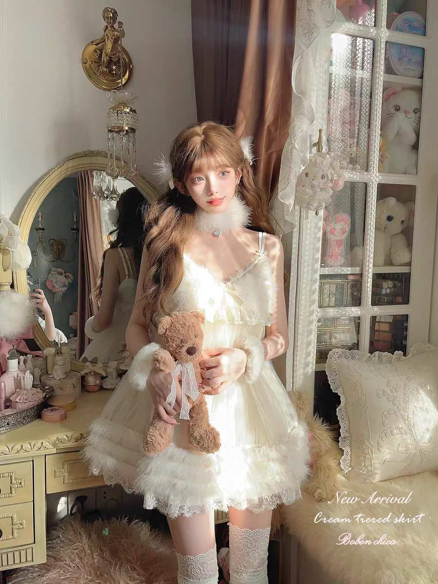 Vestido de princesa dulce lolita bobon21, vestido de falda con tirantes de felpa y lazo de encaje Retro D2384