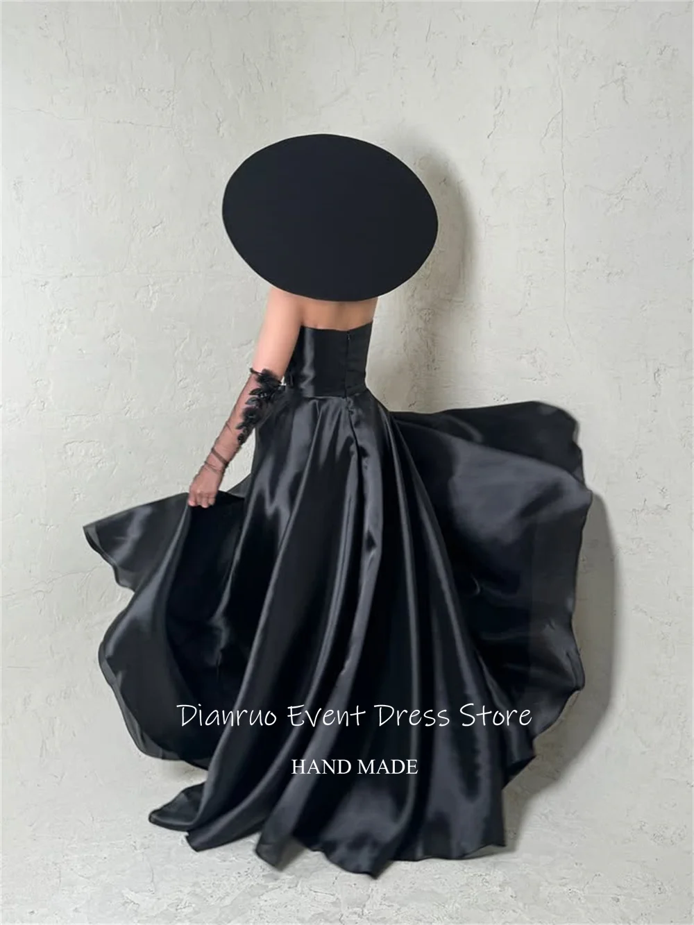 Dianruo Gaun Malam Bunga A Line Tanpa Tali Satin Celah Tinggi Vestidos De Noche Ruched Biru Laut Abendkleider Dubai Disesuaikan