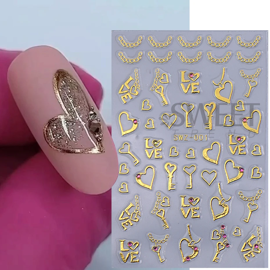 3D Bronzing Gold Liebe Herz Nail art Aufkleber Valentine Design Key Lock Bogen Klebe Sliders Nagel Aufkleber DIY Maniküre Dekoration