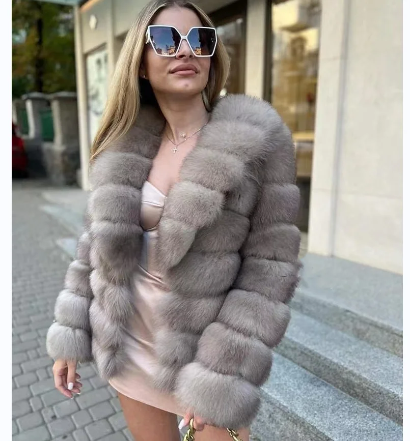 Jaqueta Real Fox Fur feminina, mangas destacáveis, lapela grande, quente e elegante, inverno