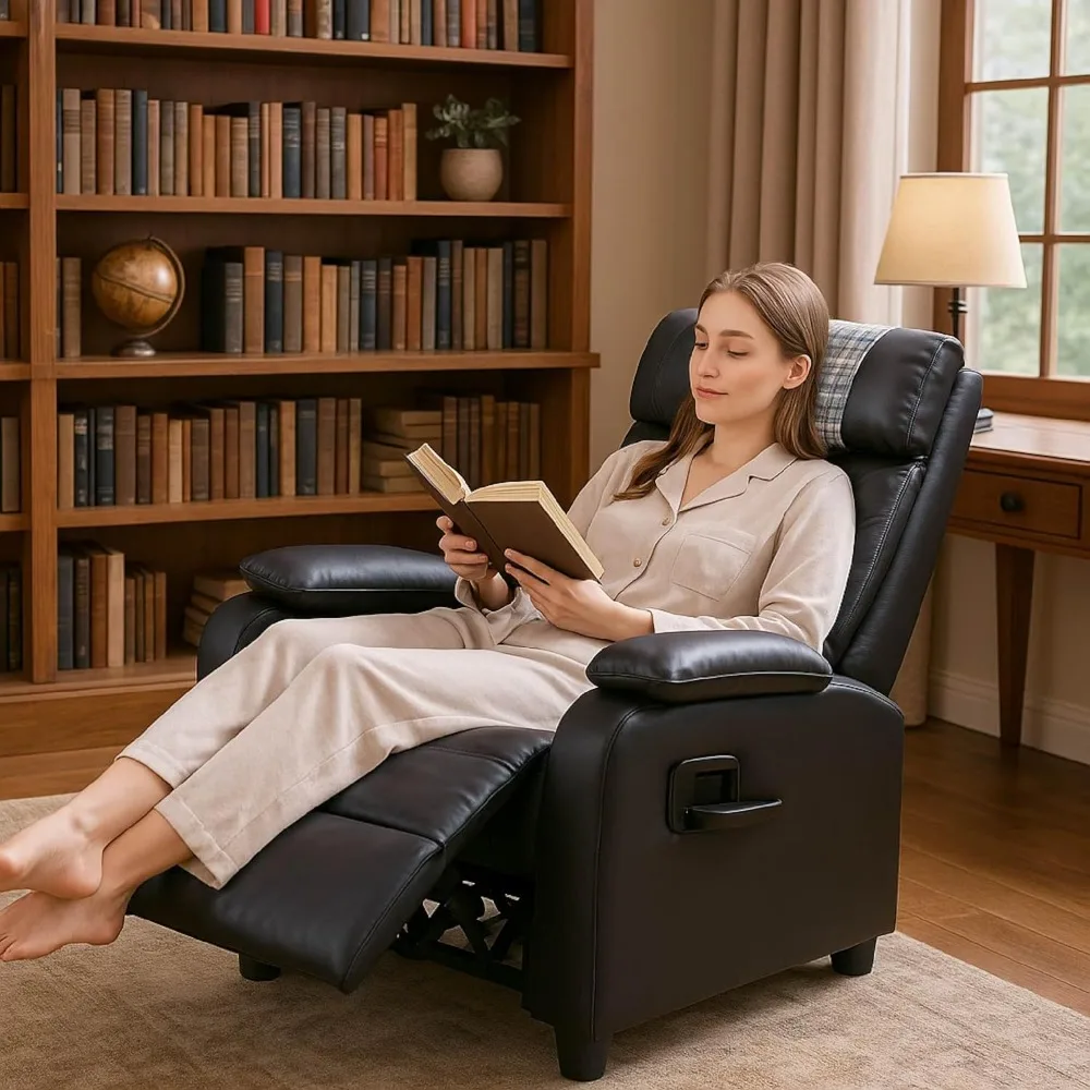 Modern Recliner Chair with Cup Holder & Headrest Cover, Black PU Leather Push Back Reclining Armchair with Extended Footrest