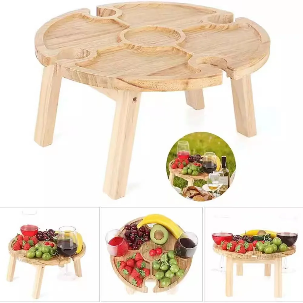 

Wooden Folding Picnic Table-With Glass Holder Round Desk Wine Glass Rack Collapsible Table Kitchen Storage Container For Party