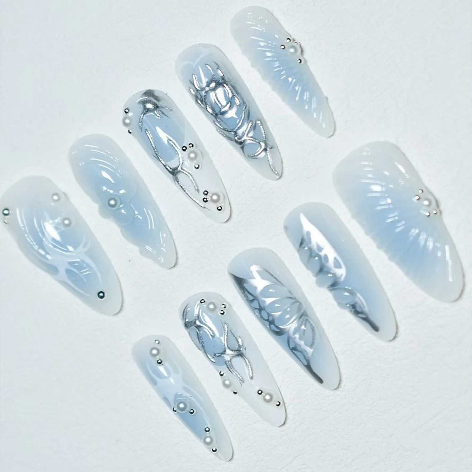 10個入り パンクスタイル ハンドメイド つけ爪 フラッシュラインストーン テクスチャードアーモンド型 付け爪 3Dレリーフフラワー スイートクール フェイクネイルチップ