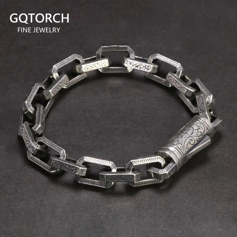 Solid 925 Sterling Silver Vintage Rattan Lace Bracelet For Men Safety Buckle Handmade Viking Mens Jewelry