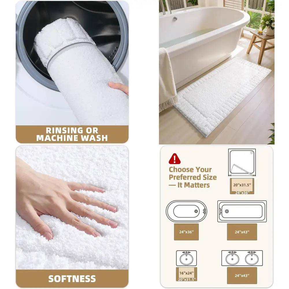 

Non-Slip Washable Large Bath Rugs, 24x36, White Absorbent Mats for Bathroom, Shower, Bathtub, and Laundry