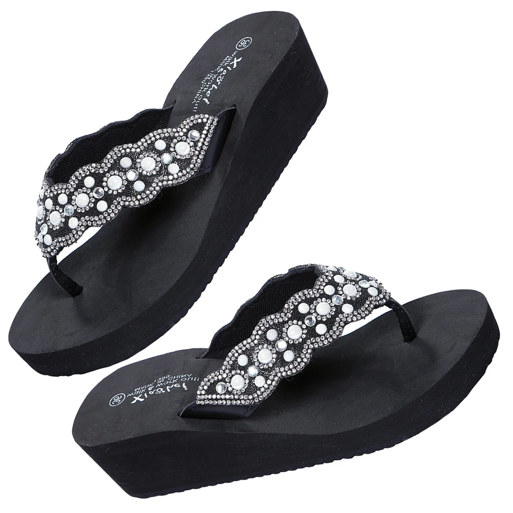 

Pearl Rhinestone Beach Sandals Non Slip Summer Shoes Comfortable Wedges Flops Women Artificial Pu Material Outdoor Travel