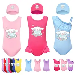 Kawaii Cinnamoroll strój kąpielowy dla dzieci zestaw czepek kąpielowy lato Cute Cartoon strój kąpielowy Bikini dziewcząt kąpielowy na plaży pływanie szybkoschnący prezent