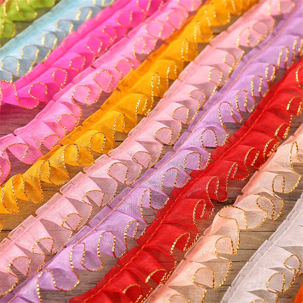 2-15Yard 2cm/20mm Gauze Lace Ribbon Gold Edge Wrinkle Ribbon DIY Toy Doll Dress Trim Curtain Clothing Decoration Accessories