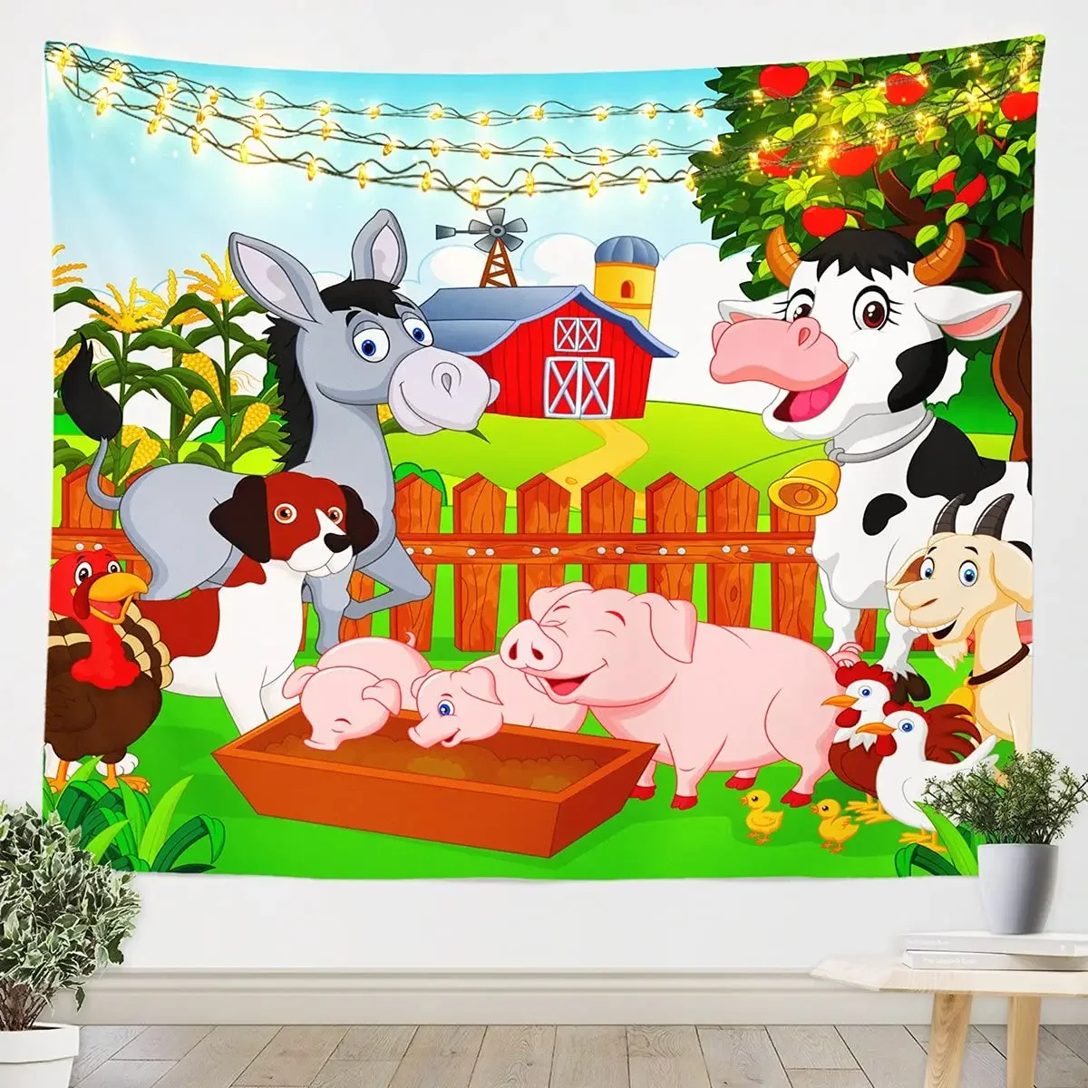 Cartoon Farm Animal Tapestry Wall Hanging Cute Milk Cow Dog Pig Tapestries for Child Girl Teen Bedroom Living Room Dorm Decor