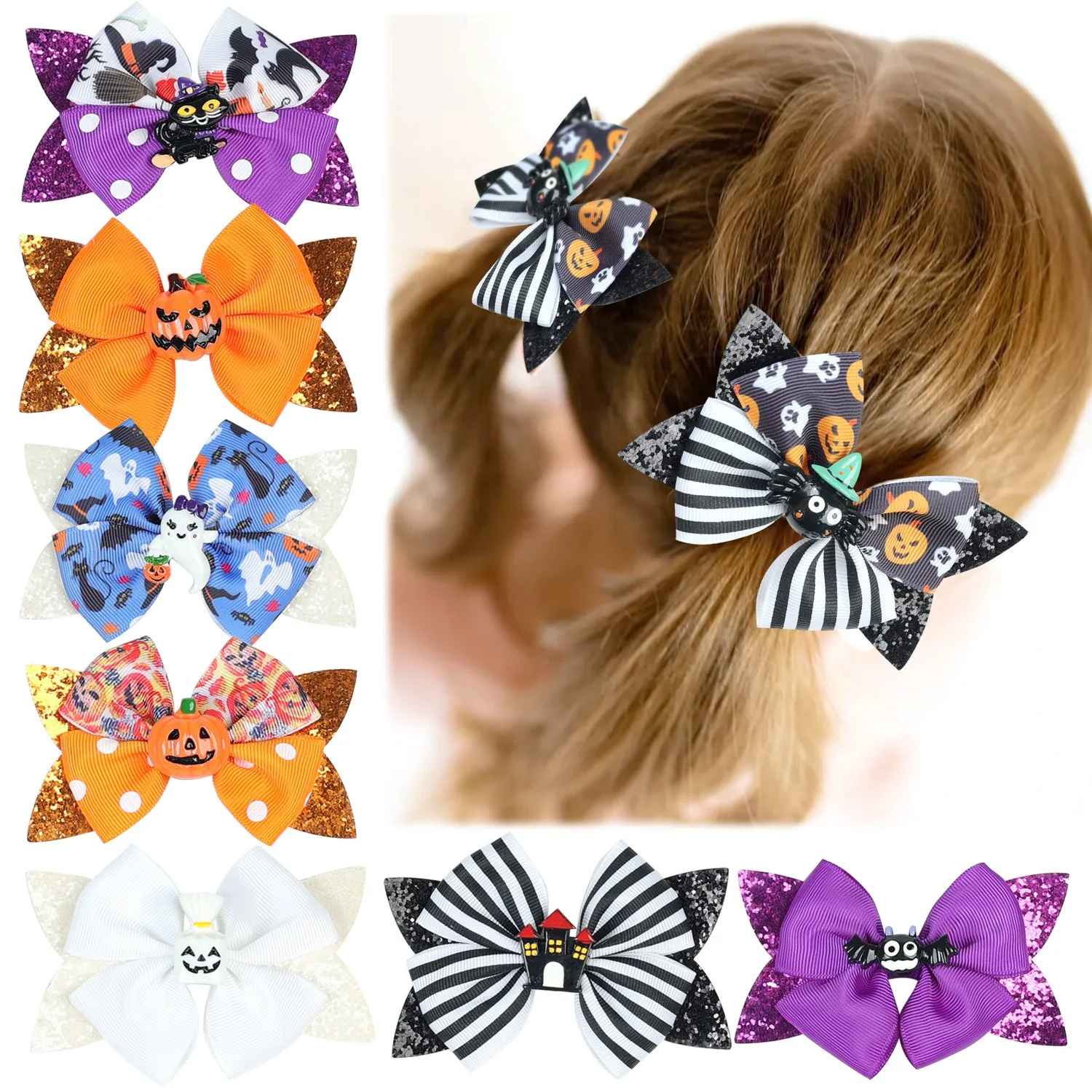 

40pc/lot Halloween Barrettes Pumpkin Skeleton Skull Print Ribbon Bow Hair Clips Girls Glitter Bow Hairpin Kid Halloween Headwear