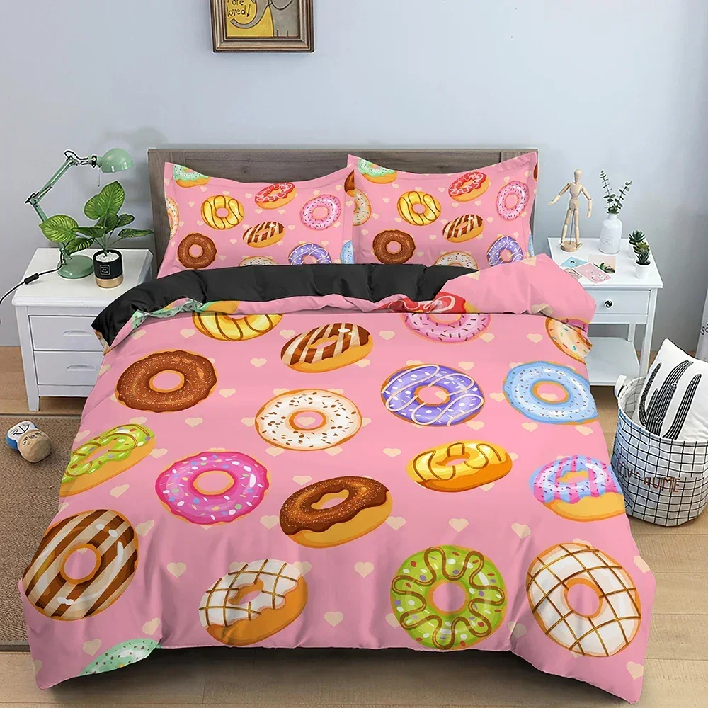 2026 Colorful Donut King Size Duvet Cover Cartoon Sweet Chocolate Dessert Bedding Set For Kids Girl Food 2/3pcs Polyester Quilt