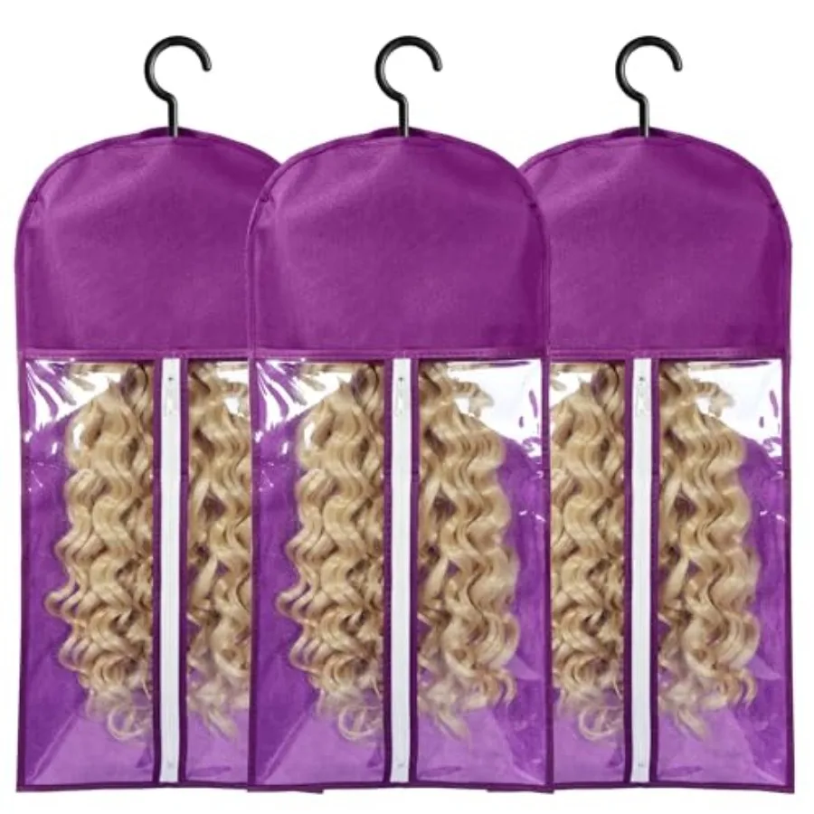 Portable wig storage bags with hanger for multiple wigs, dust-proof polyester black holder stand for hair extensions and wigs