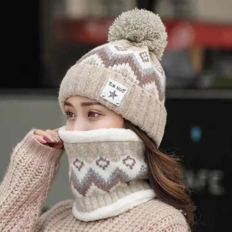 2PCS Winter Women Plush Velvet Hats Neck Warmer Hat Scarf Set Beanies Cycling Windproof Hat Outdoor Ear Protection