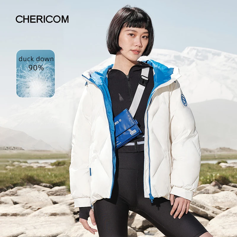 Chericom 2024 Winter Short Women's Solid Color Hooded Down Jacket Side Adjustable Zipper Casual Fashion Skinny Coats 289088