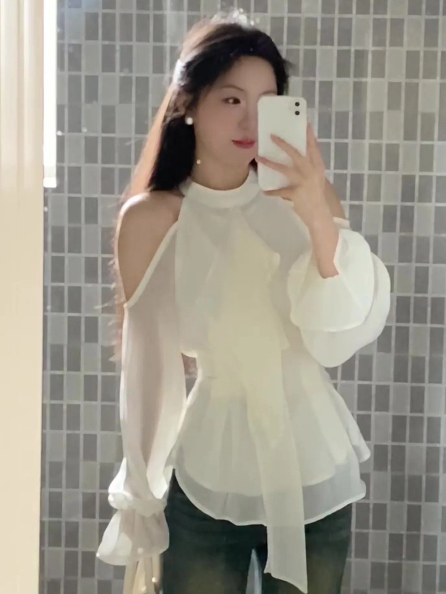 

plus Size Women's Shoulder Bared Lantern Sleeve Chiffon Shirt Spring New Waist Cinched Design Sense Elegance Trendy Top