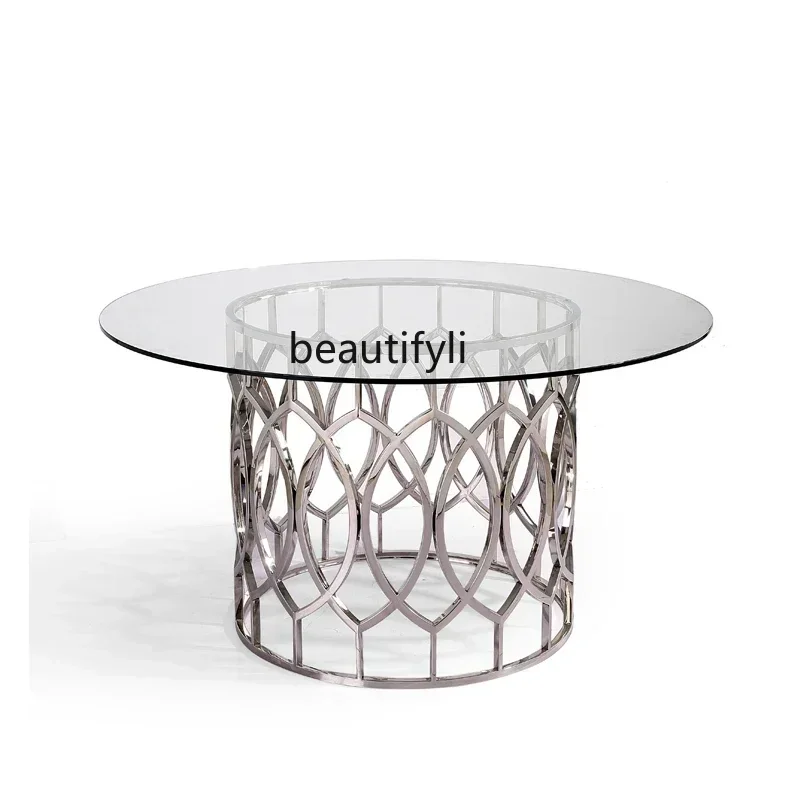 

Neoclassical Round Dining Table Glass Dining Table European Brushed Brass Stainless Steel Round Table Dining Room