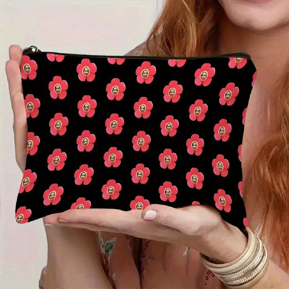 1 Piece of Red Floral Design Makeup Bag with Expressions - Multifunctional Zipper Pouch for Women, Perfect Travel Zipper Storage Bag, Fun Birthday Gift