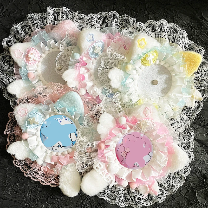 Cute and Sweet Round Lace Badge Holder, Plush Cat Ears Handmade DIY Anime Cartoon Game Character Peripheral Badge, Celebrity Idol Support Badge, Badge Display Stand, Storage Decoration, Badge Holder, Back-To-School Season, Graduation Season, Homecoming Season, Halloween, Easter, Holiday Gifts, Lolita Creative Small Items, Gumi Goods, Itabag, Itaboard, Material Accessories, Badge Holder