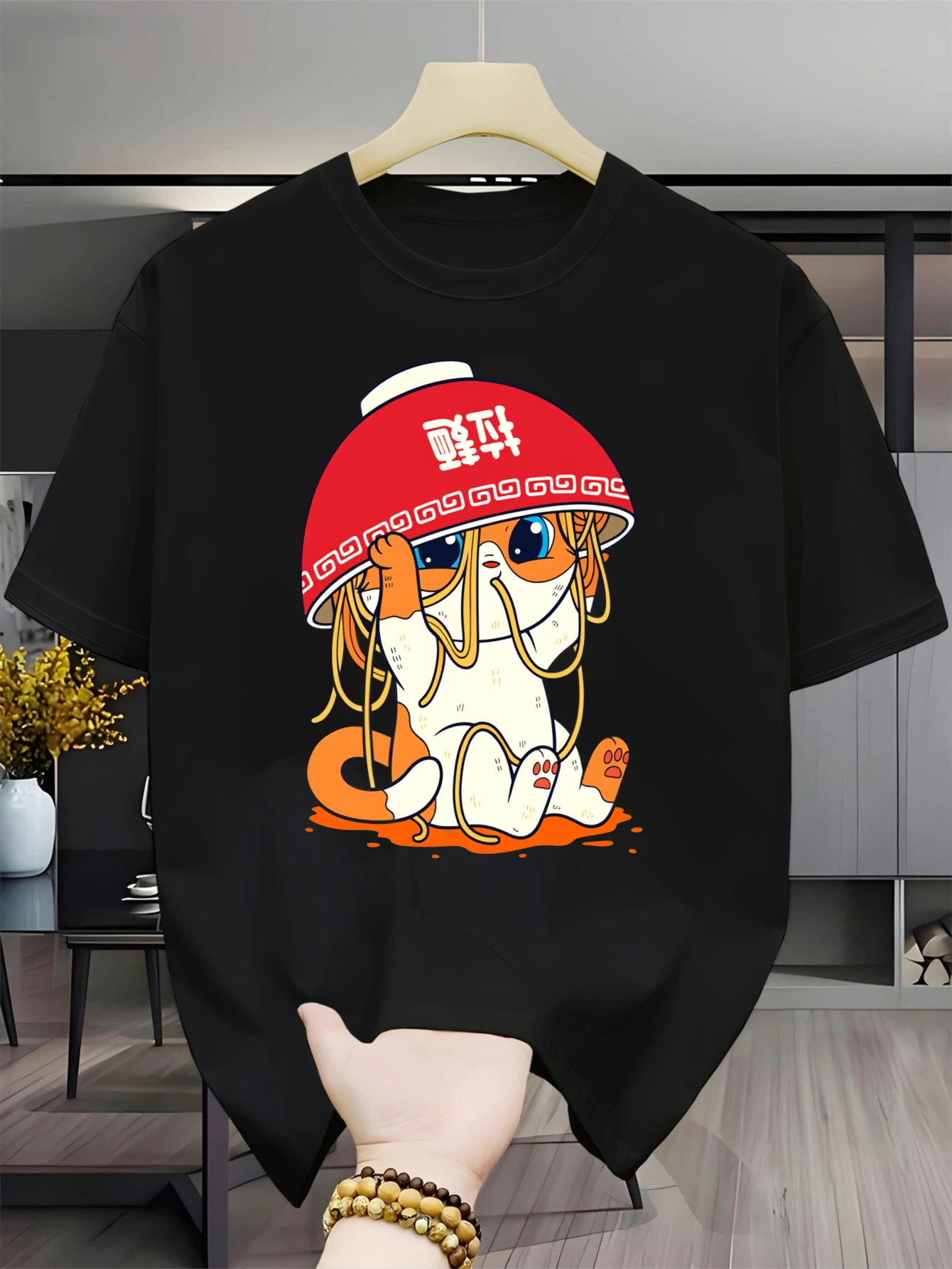 Cute Ramen Eating Cat Mens Crew Neck T Shirt Cartoon Noodle Kitty Graphic Short Sleeve Tee Food Pet Lover Casual Male Street Top