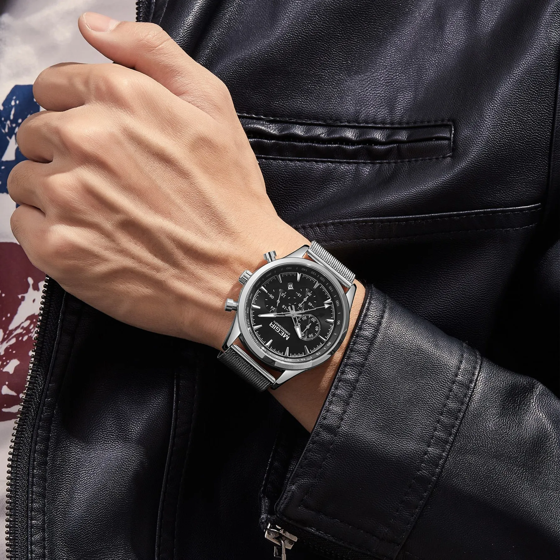 MEGIR Men Sport Chronograph Watch Quartz Movement Steel Mesh Bracelet Waterproof Calendar Casual Wristwatch for Gentlemen Reloj
