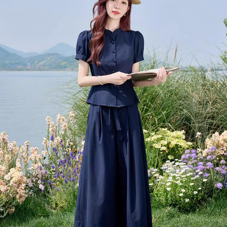 Minimalist Navy Blue 2 Piece Set Mandarin Collar Puff Sleeve Shirt High Waist Wide Leg Culottes For Women Summer Casual Outfits