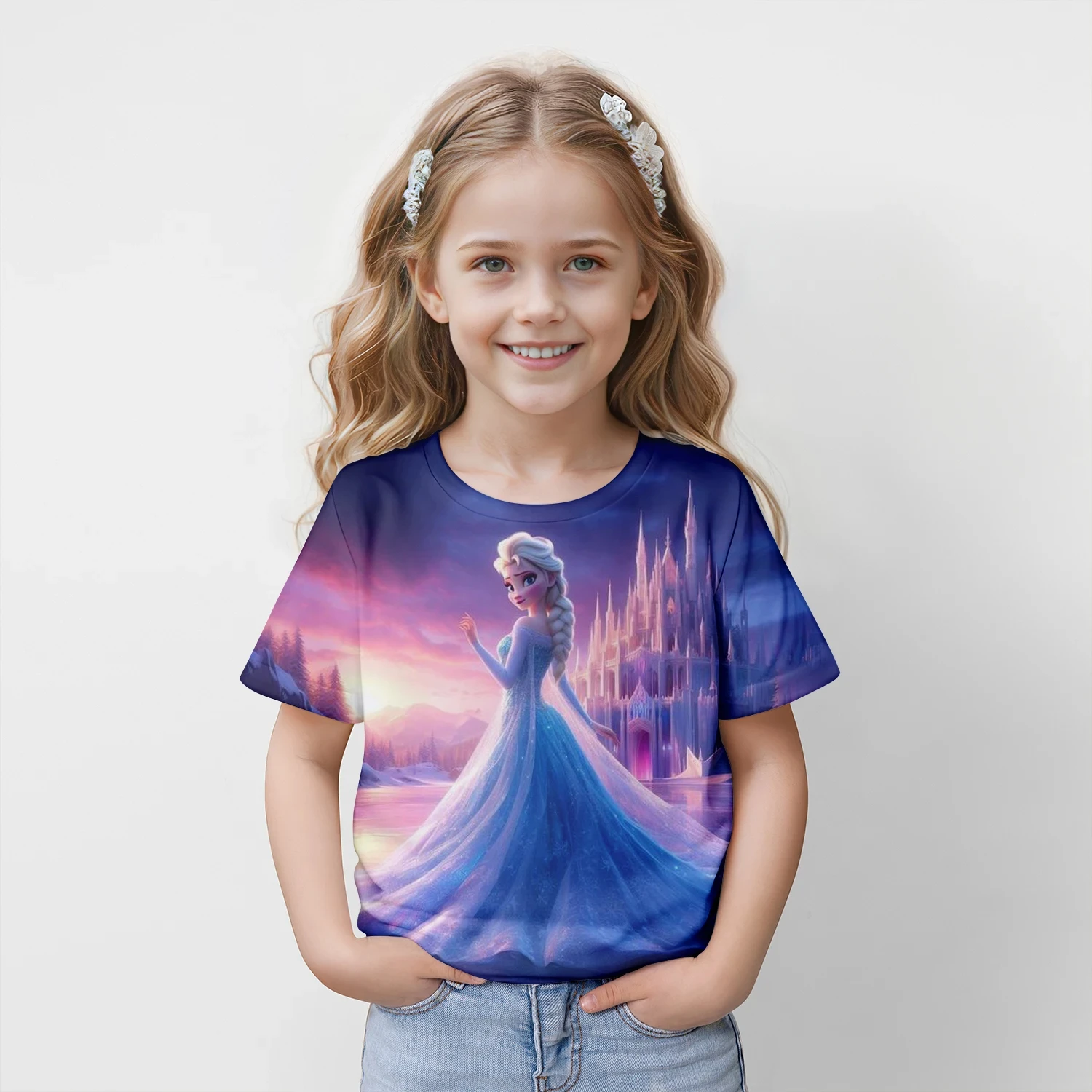 

New Kids Frozen Elsa Cartoon Tops Tees 3D Print T-shirt Children Casual Short Sleeve Clothing Girls Sports Streetwear