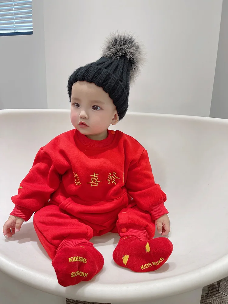 Parent-child Winter Red Sweater Mother and Child Plus Velvet Thickening 2022 New Year's Clothing for Boys and Girls