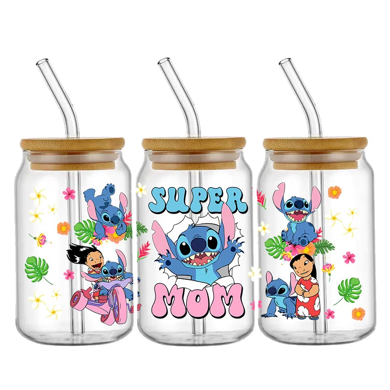 Imagem -06 - Mom Mama-disney Mickey Stitch Adesivo Envoltório do Copo Ferro na Transferência para o Vidro Copa Wraps Dia de Mather uv Dtf Libbey 16oz