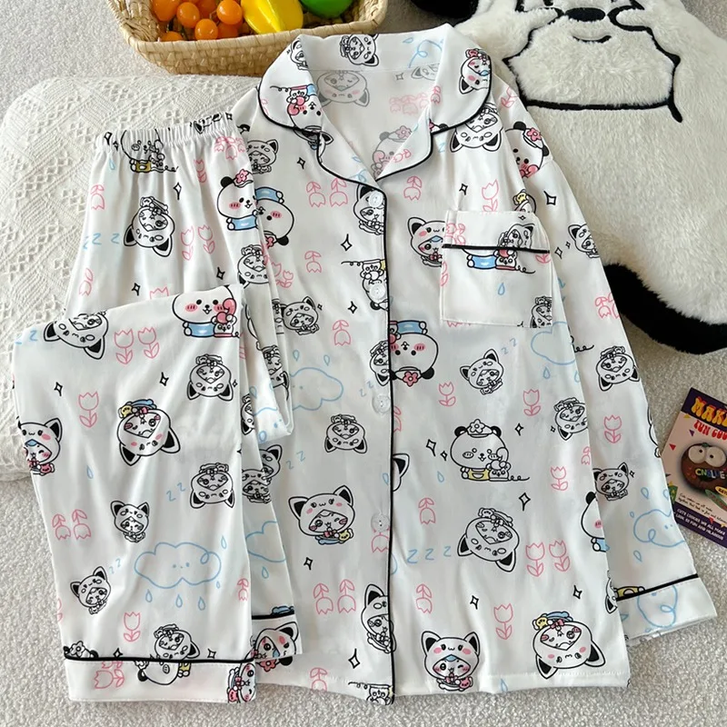 

New Women's Cartoon Bear Print Pajamas Set Fall Long Sleeve Cute Home Wear 2025 Autumn Winter Kawaii Sleepwear Soft Loungewear