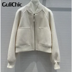 8.3 GuliChic Women 2024 Autumn New Double-Side Cashmere Jacket Stand Collar Ribbed Spliced Sheepskin Zipper Design Coat