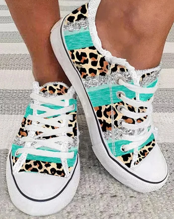 

Shoes Woman 2025 Trend Contrast Leopard Print Frayed Canvas Sneakers for Women Women's Sports Shoes