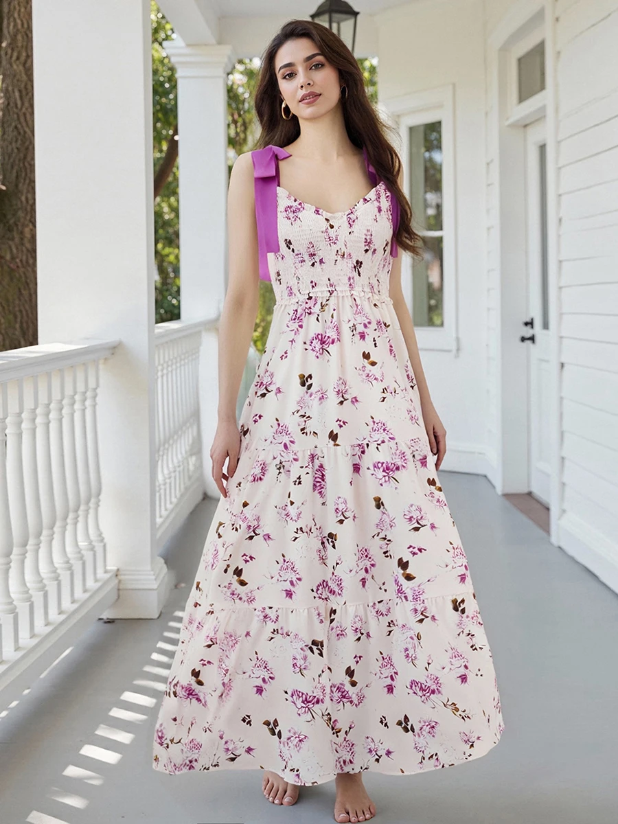 جديد أزياء المرأة زلة اللباس أكمام عارية الذراعين التعادل متابعة زهرة طباعة فستان محكم من عند الصدر ويتدلى بشكل واسع الصيف فستان طويل الشارع الشهير S-XL