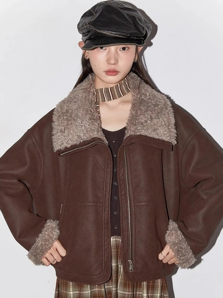 شيك فين موضة النساء فو سترات من الجلد موضة ريترو التباين بدوره إلى أسفل طوق معاطف قصيرة ملابس للسيدات خريف شتاء 2025 #3