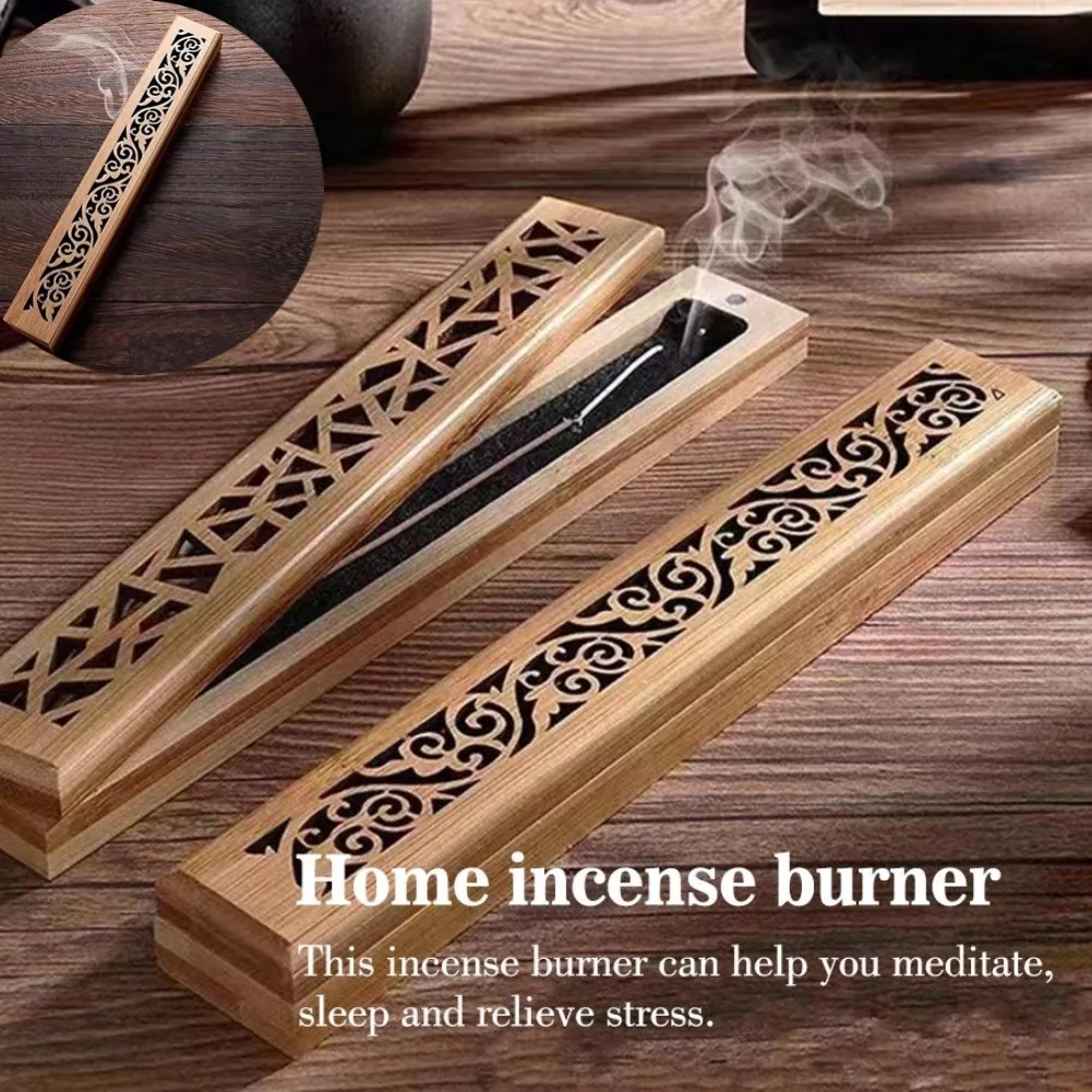Natural Bamboo Horizontal Burner Box,Hollowed Line Incense Holder with Ash Plate, Aromatherapy Meditation Sleep Relax Decor Gift