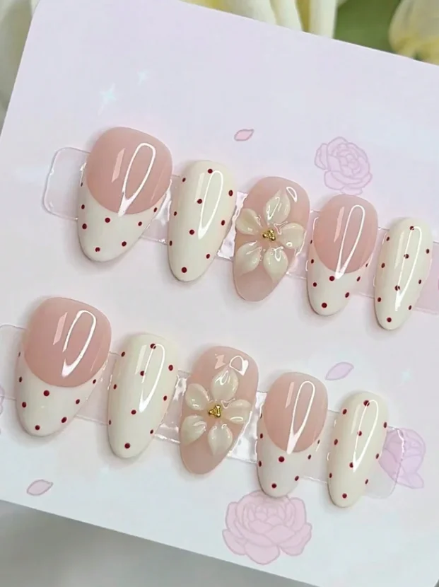 10pcs Polka Dot French Carved Almond Short Y2K Cute Girl Round Dot Nails, Minimalist Versatile Handmade Nail Tips,