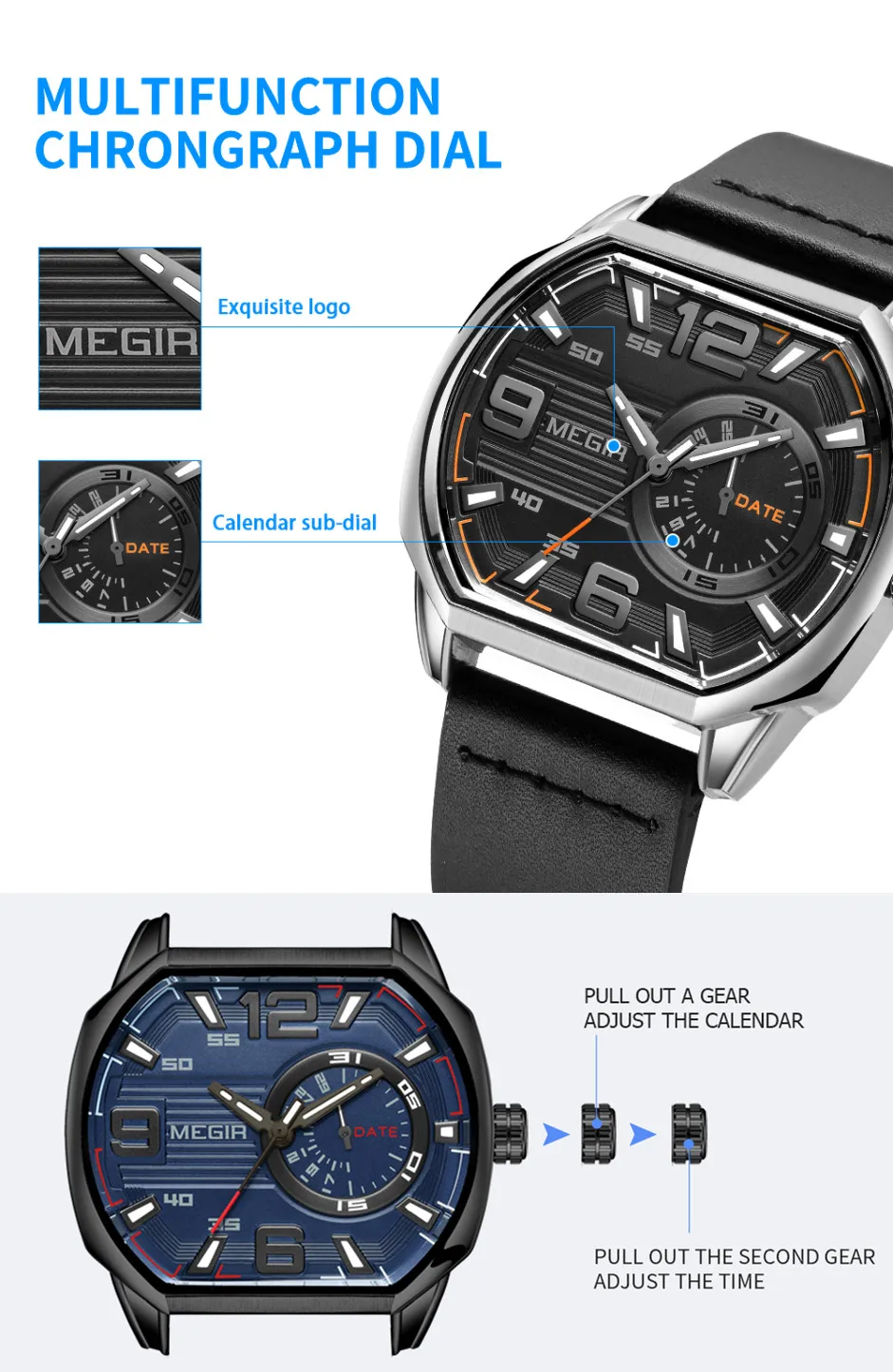 Fashion Megir Top Brand Relogios Masculino Mens Waterproof Luminous Genuine Leather Luxury Quartz Man Casual Watch Montre Homme