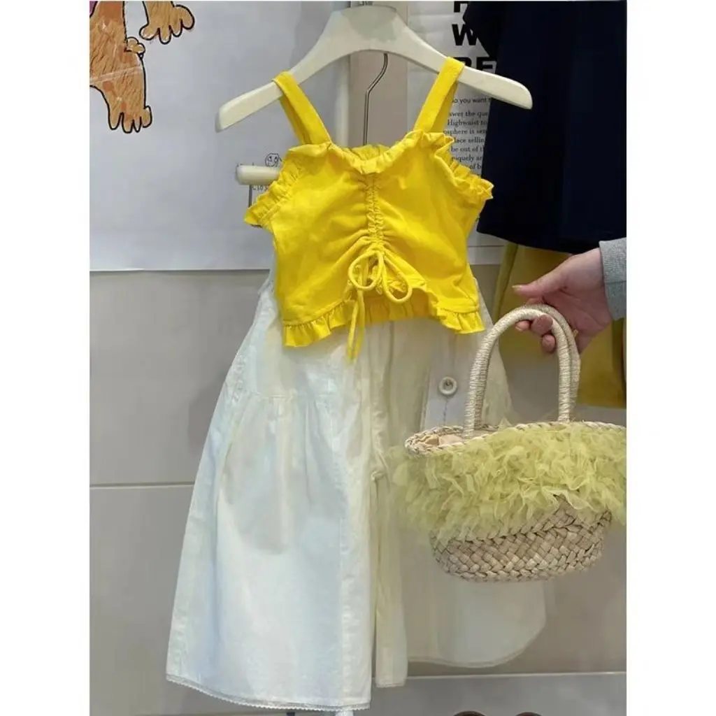 Girls' Summer Suit 2025 New Children's Trendy Foreign Style Sweet Drawstring Suspender Fashion Casual Wide-leg Pants Two Pieces