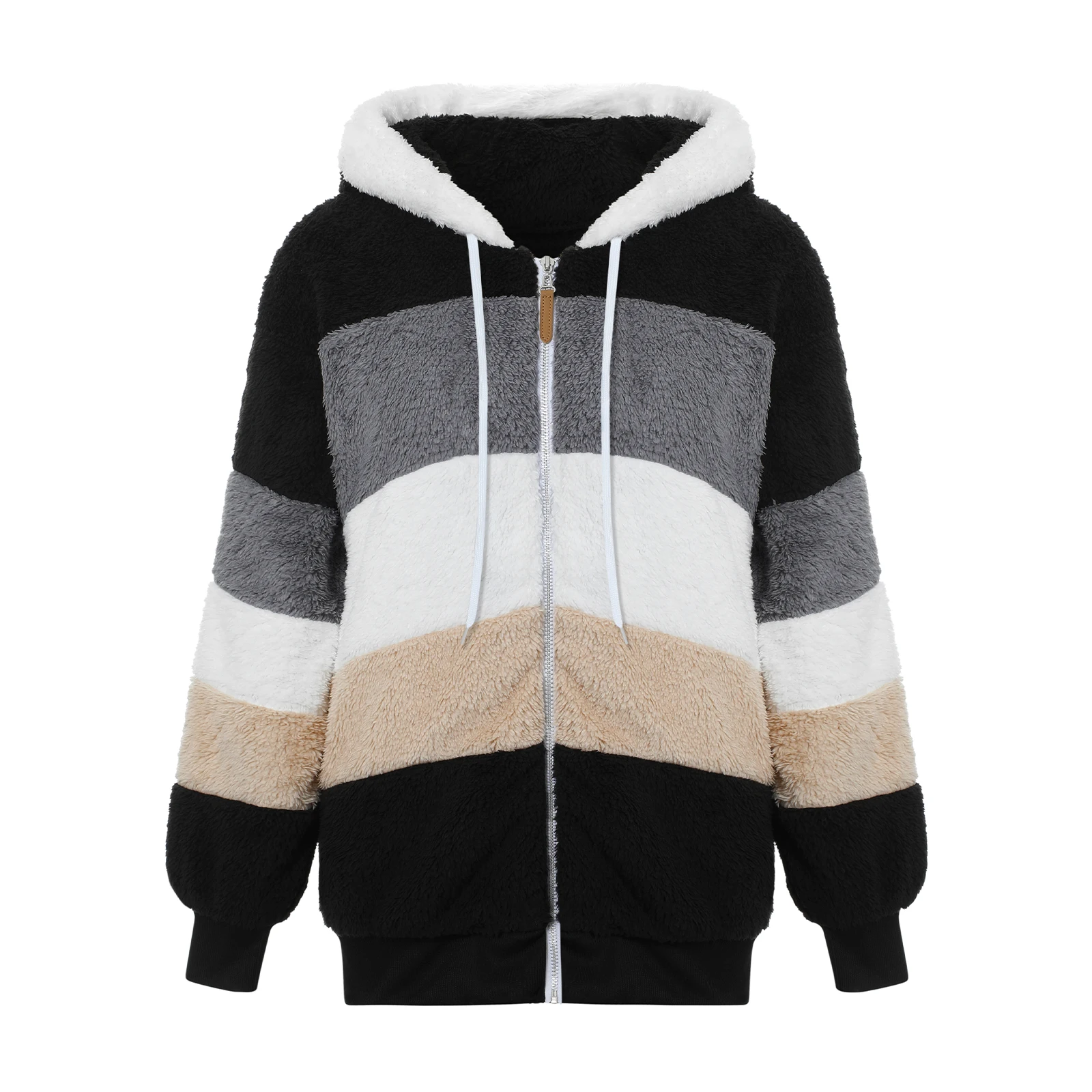 2024 New Fashion Women Contrast Color Hooded Coat, Long Sleeve Zip-up Plush Tops for Spring, Autumn