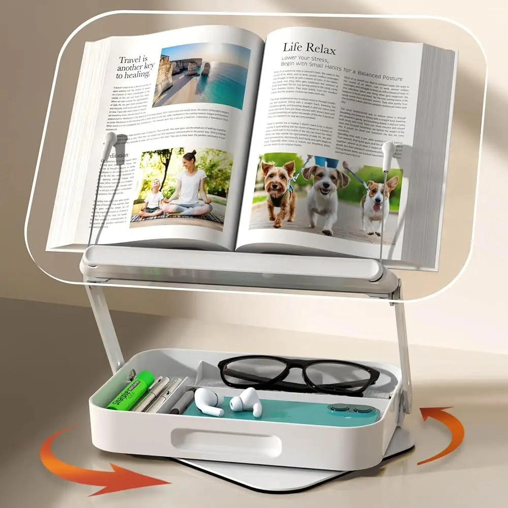 Acrylic Book Stand with Storage, 360° Rotating, Foldable Adjustable Holder with Large Storage Capacity for Reading & Tablets